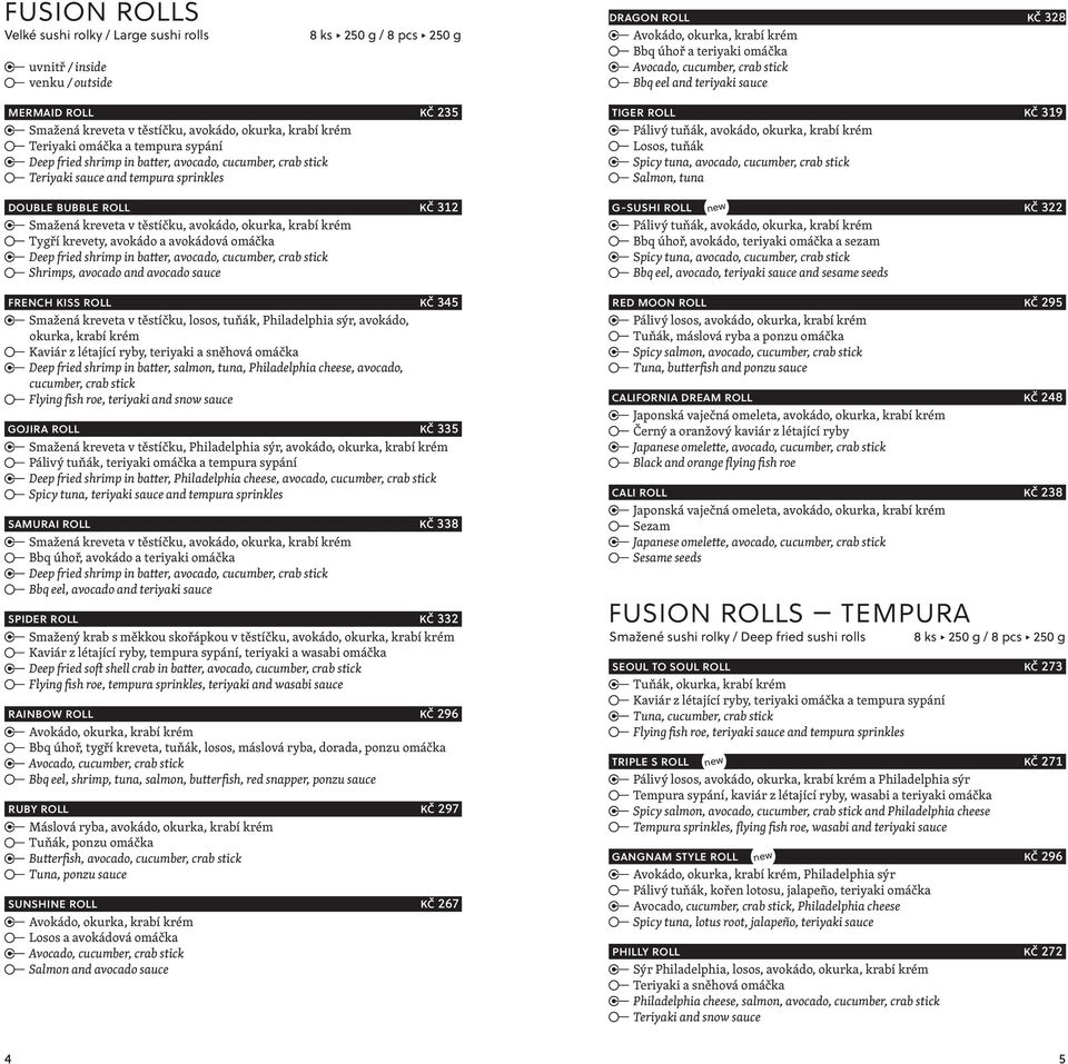 cucumber, crab stick Teriyaki sauce and tempura sprinkles tiger roll kč 319 Pálivý tuňák, avokádo, okurka, krabí krém Losos, tuňák Spicy tuna, avocado, cucumber, crab stick Salmon, tuna double bubble
