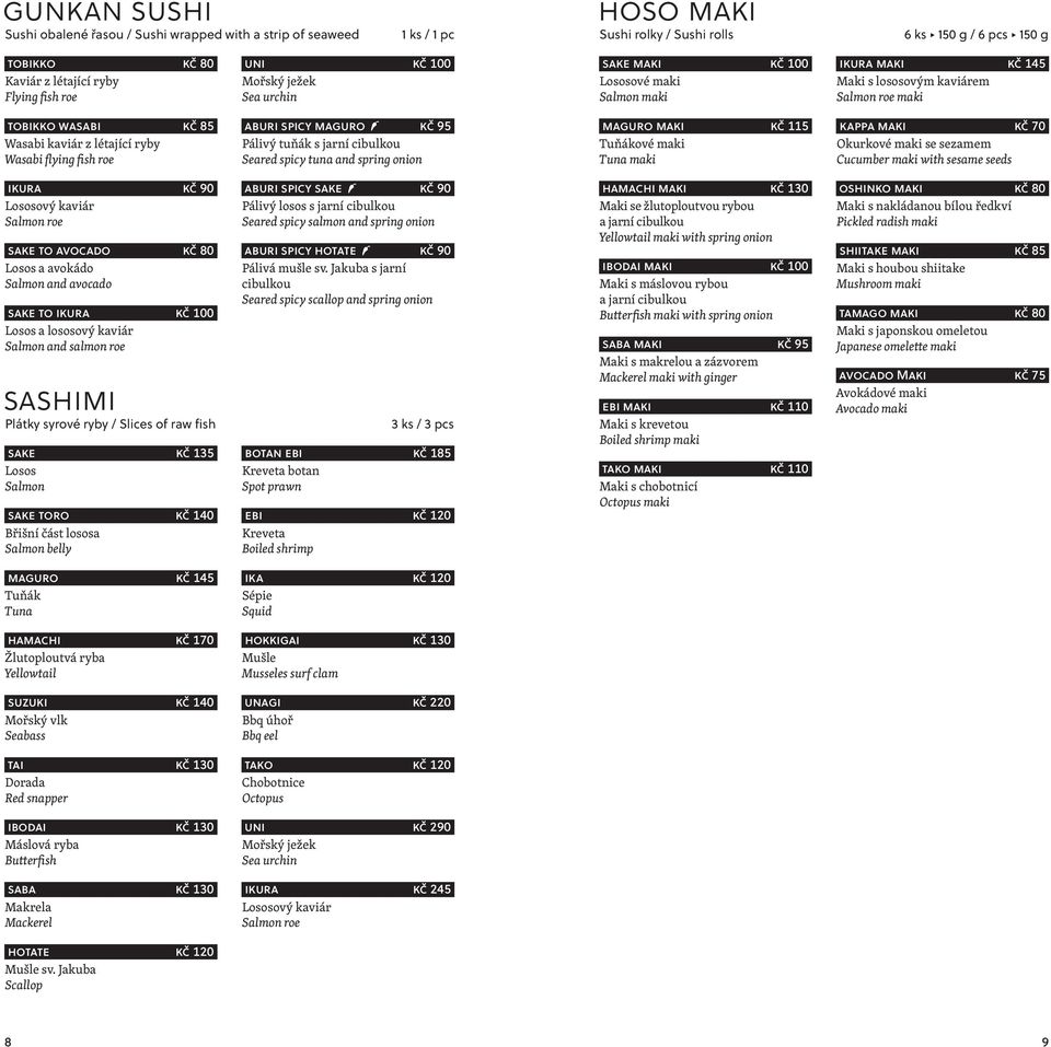 flying fish roe aburi spicy maguro kč 95 Pálivý tuňák s jarní cibulkou Seared spicy tuna and spring onion maguro maki kč 115 Tuňákové maki Tuna maki kappa maki kč 70 Okurkové maki se sezamem Cucumber