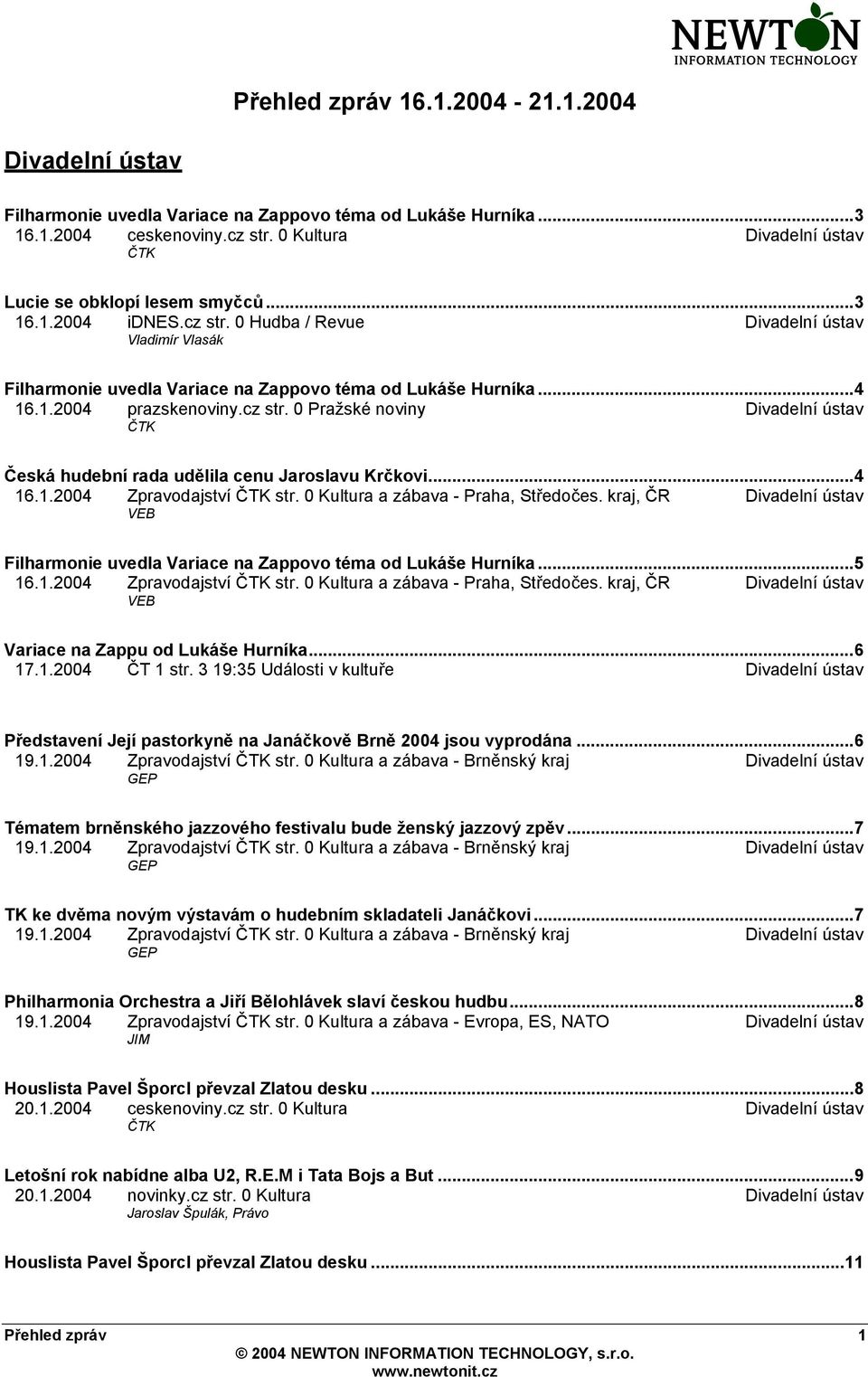 ..4 16.1.2004 prazskenoviny.cz str. 0 Pražské noviny Divadelní ústav ČTK Česká hudební rada udělila cenu Jaroslavu Krčkovi...4 16.1.2004 Zpravodajství ČTK str. 0 Kultura a zábava - Praha, Středočes.