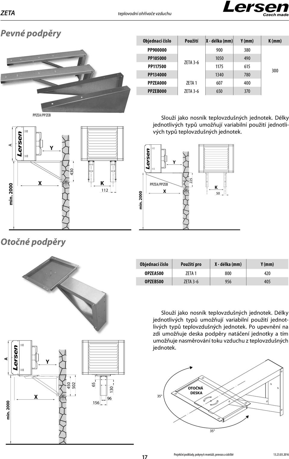 000 PPZEA/PPZEB X 5 K 50 Otočné podpěry Použití pro X - délka (mm) Y (mm) OPZEAS00 800 40 OPZEBS00 3-6 956 405 Slouží jako nosník teplovzdušných jednotek.