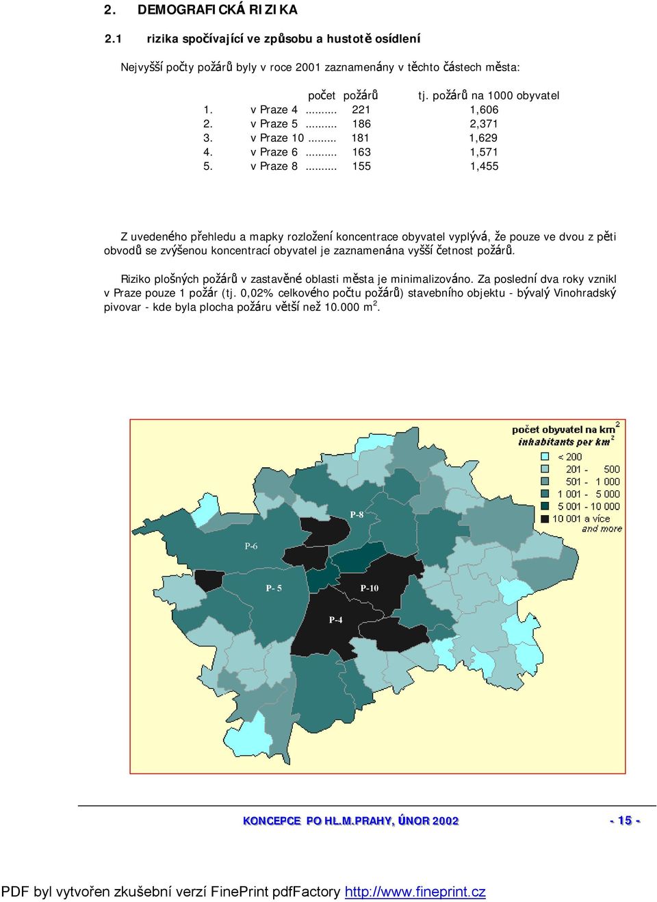 155 1,455 Z uvedeného přehledu a mapky rozloženíkoncentrace obyvatel vyplývá, že pouze ve dvou z pěti obvodů se zvýšenou koncentracíobyvatel je zaznamená na vyššíčetnost požá rů.