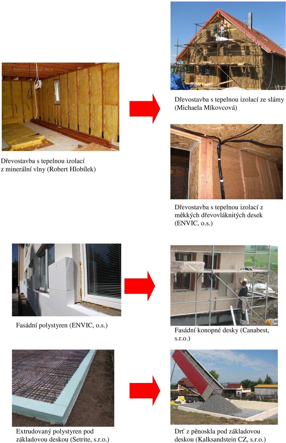 (ENVIC, o.s.) Fasádní polystyren (ENVIC, o.s.) Fasádní konopné desky (Canabest, s.r.o.) Extrudovaný polystyren pod základovou deskou (Setrite, s.