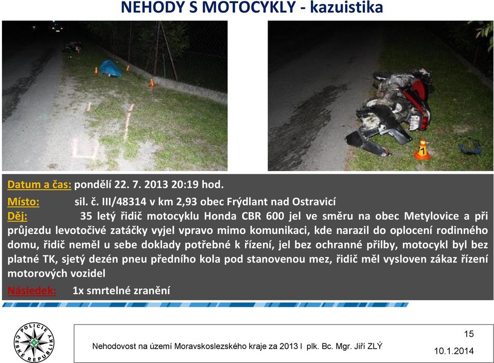 III/48314 v km 2,93 obec Frýdlant nad Ostravicí Děj: 35 letý řidič motocyklu Honda CBR 600 jel ve směru na obec Metylovice a při průjezdu