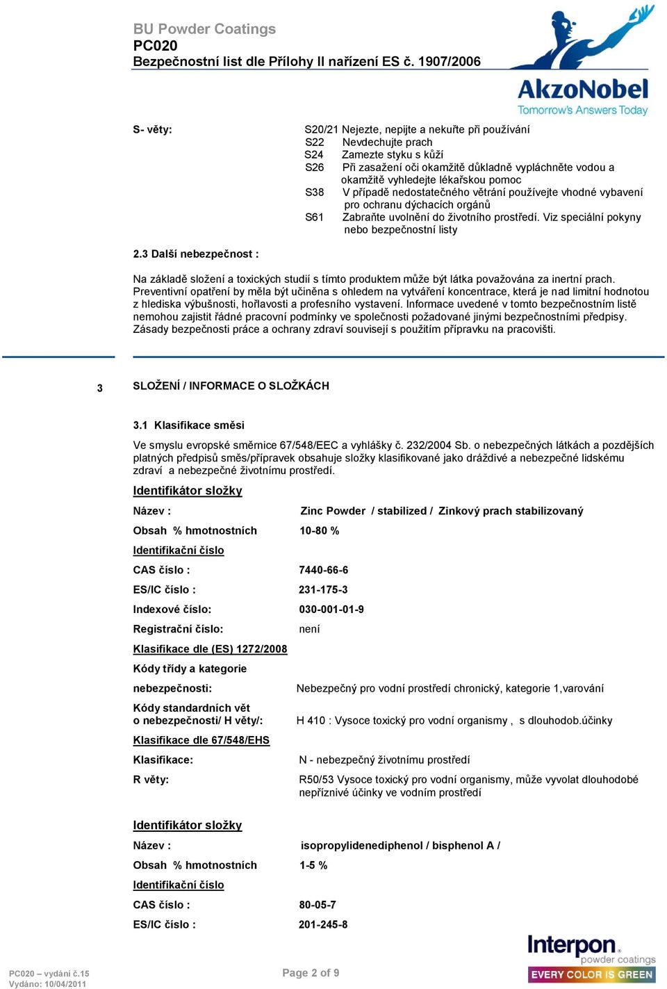 3 Další nebezpečnost : Na základě sloţení a toxických studií s tímto produktem můţe být látka povaţována za inertní prach.