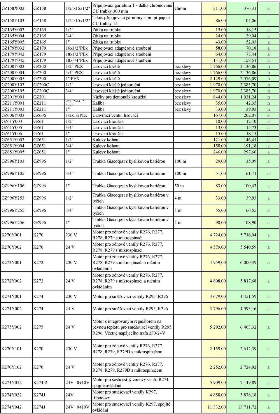 Připojovací adaptérové šroubení 58,00 70,18 a GZ179Y042 GZ179 18x1/2"PEx Připojovací adaptérové šroubení 64,00 77,44 a GZ179Y045 GZ179 18x3/4"PEx Připojovací adaptérové šroubení 131,00 158,51 a