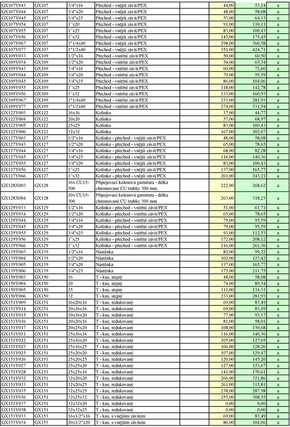 GX107Y067 GX107 1"1/4x40 Přechod - vnější závit/pex 298,00 360,58 a GX107Y077 GX107 1"1/2x40 Přechod - vnější závit/pex 351,00 424,71 a GX109Y033 GX109 1/2"x16 Přechod - vnitřní závit/pex 50,00 60,50