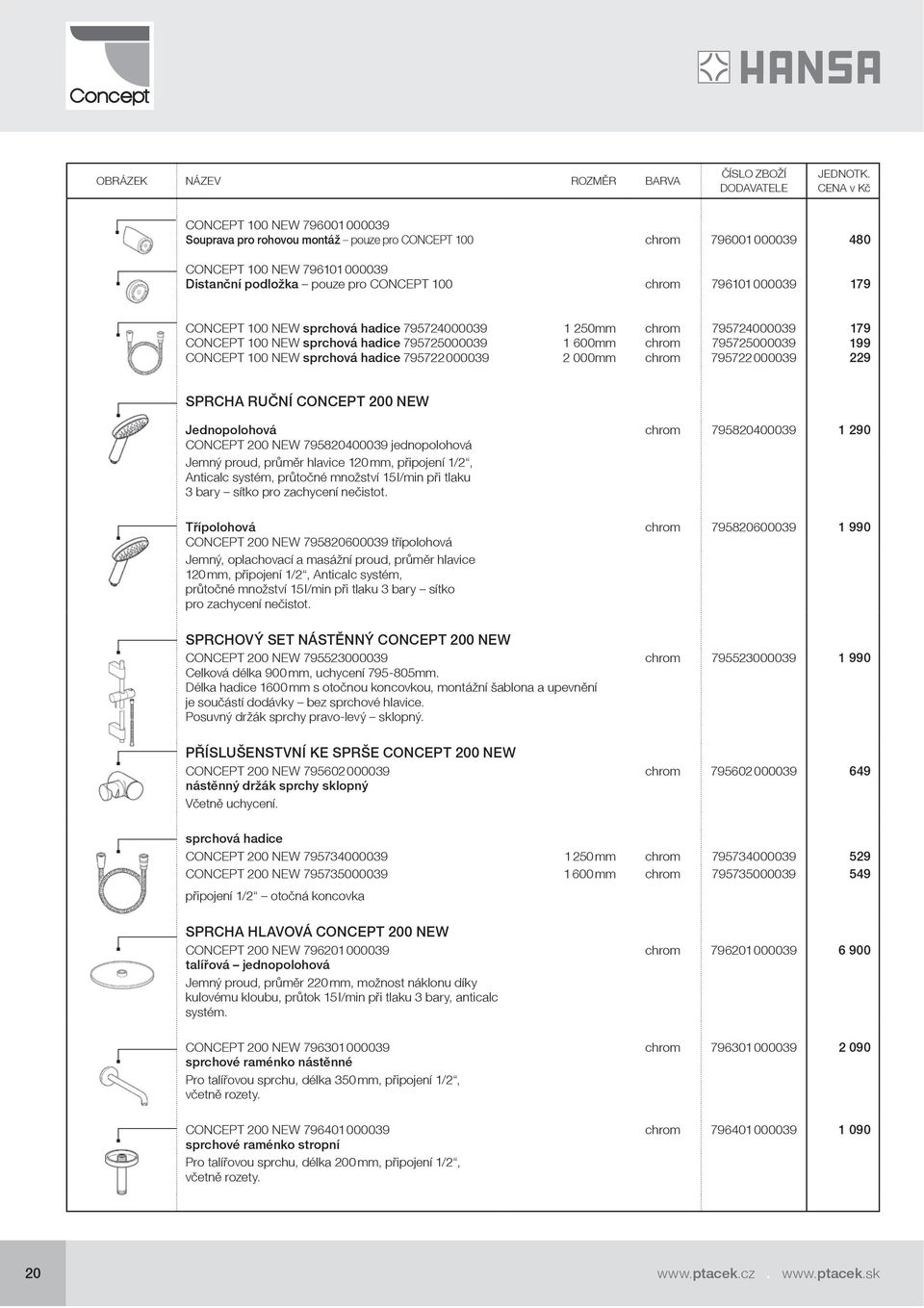 795725000039 795722 000039 179 199 229 Sprcha ruční CONCEPT 200 NEW Jednopolohová CONCEPT 200 NEW 795820400039 jednopolohová Jemný proud, průměr hlavice 120 mm, připojení 1/2, Anticalc systém,