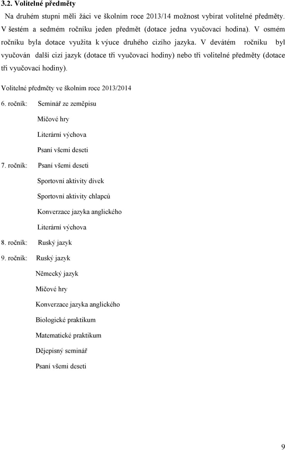 V devátém ročníku byl vyučován další cizí jazyk (dotace tři vyučovací hodiny) nebo tři volitelné předměty (dotace tři vyučovací hodiny). Volitelné předměty ve školním roce 2013/2014 6.