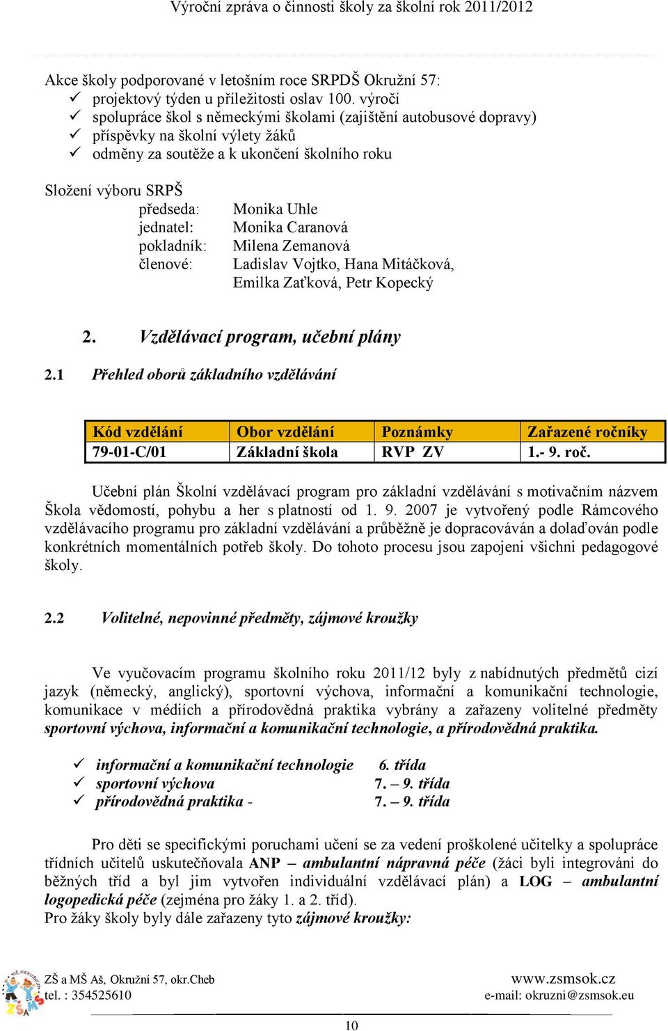 pokladník: členové: Monika Uhle Monika Caranová Milena Zemanová Ladislav Vojtko, Hana Mitáčková, Emilka Zaťková, Petr Kopecký 2. Vzdělávací program, učební plány 2.