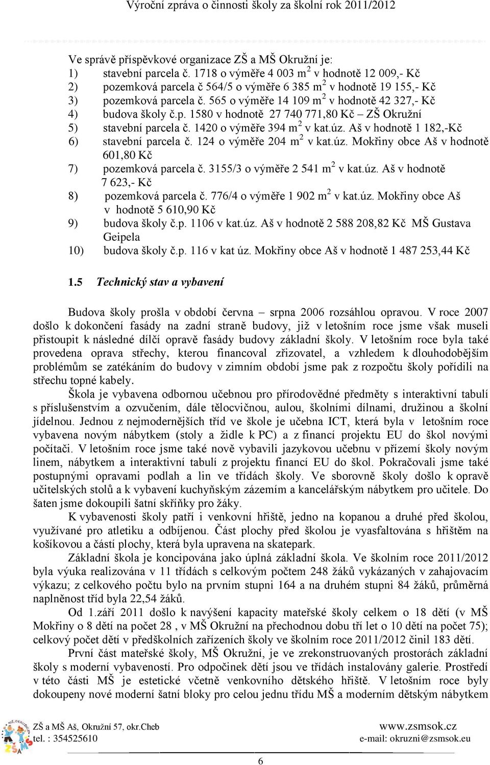 565 o výměře 14 109 m 2 v hodnotě 42 327,- Kč 4) budova školy č.p. 1580 v hodnotě 27 740 771,80 Kč ZŠ Okružní 5) stavební parcela č. 1420 o výměře 394 m 2 v kat.úz.