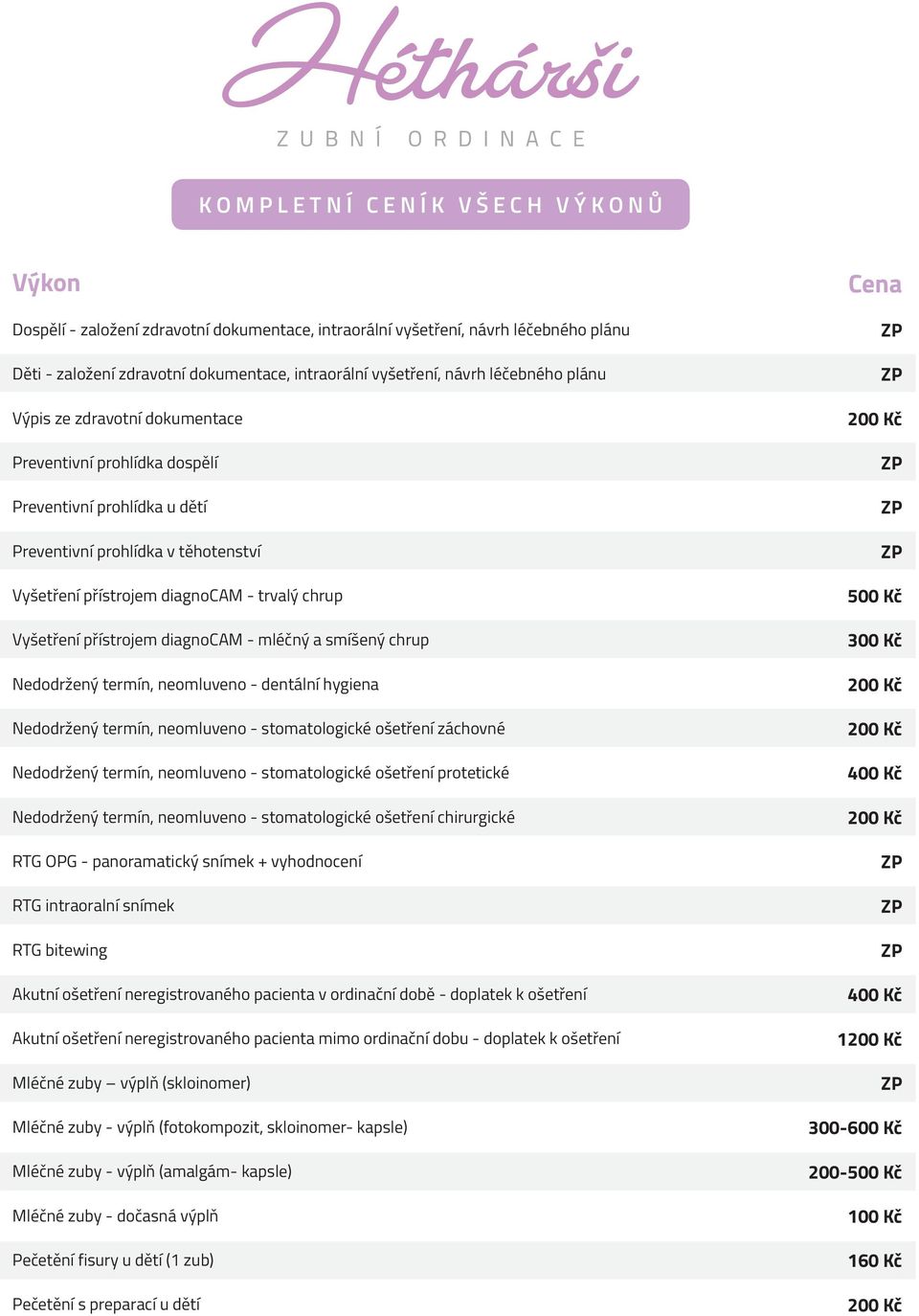 diagnocam - mléčný a smíšený chrup Nedodržený termín, neomluveno - dentální hygiena Nedodržený termín, neomluveno - stomatologické ošetření záchovné Nedodržený termín, neomluveno - stomatologické