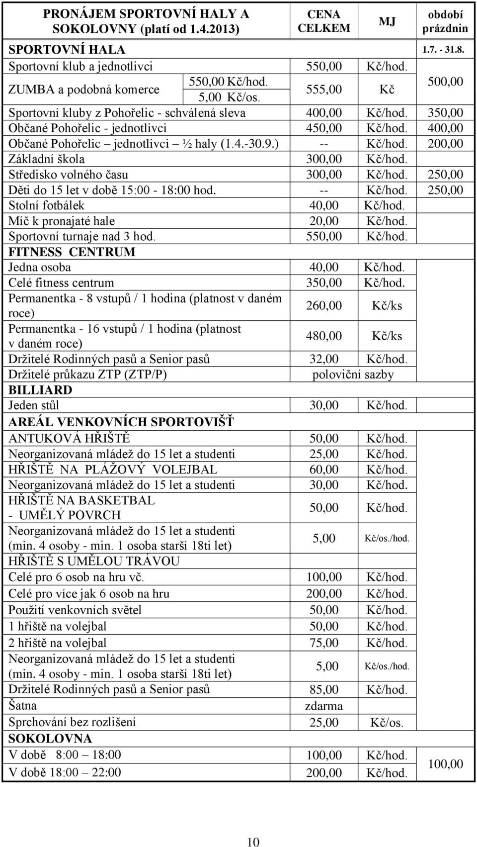 ) -- Kč/hod. 200,00 Základní škola 300,00 Kč/hod. Středisko volného času 300,00 Kč/hod. 250,00 Děti do 15 let v době 15:00-18:00 hod. -- Kč/hod. 250,00 Stolní fotbálek 40,00 Kč/hod.