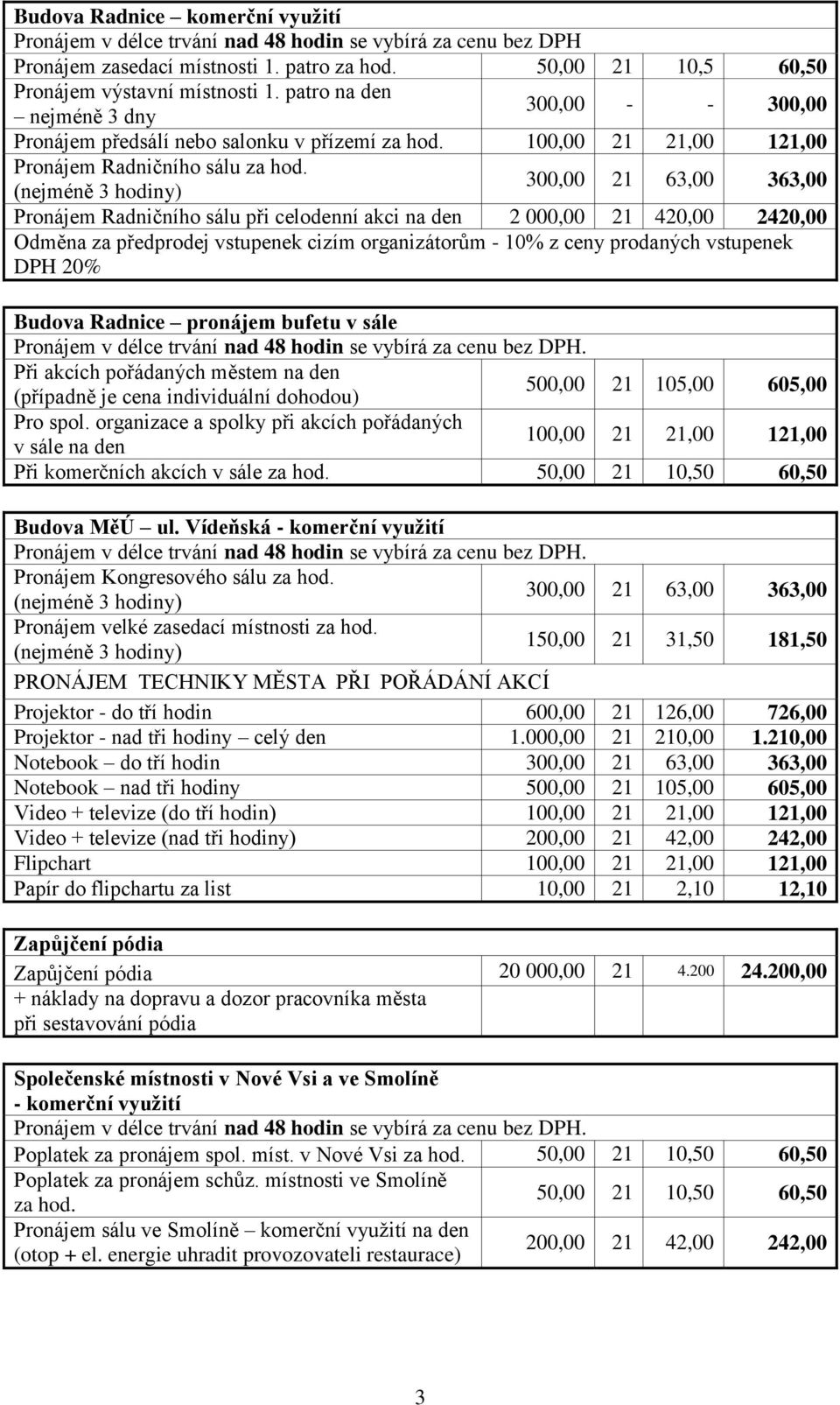 (nejméně 3 hodiny) 300,00 21 63,00 363,00 Pronájem Radničního sálu při celodenní akci na den 2 000,00 21 420,00 2420,00 Odměna za předprodej vstupenek cizím organizátorům - 10% z ceny prodaných