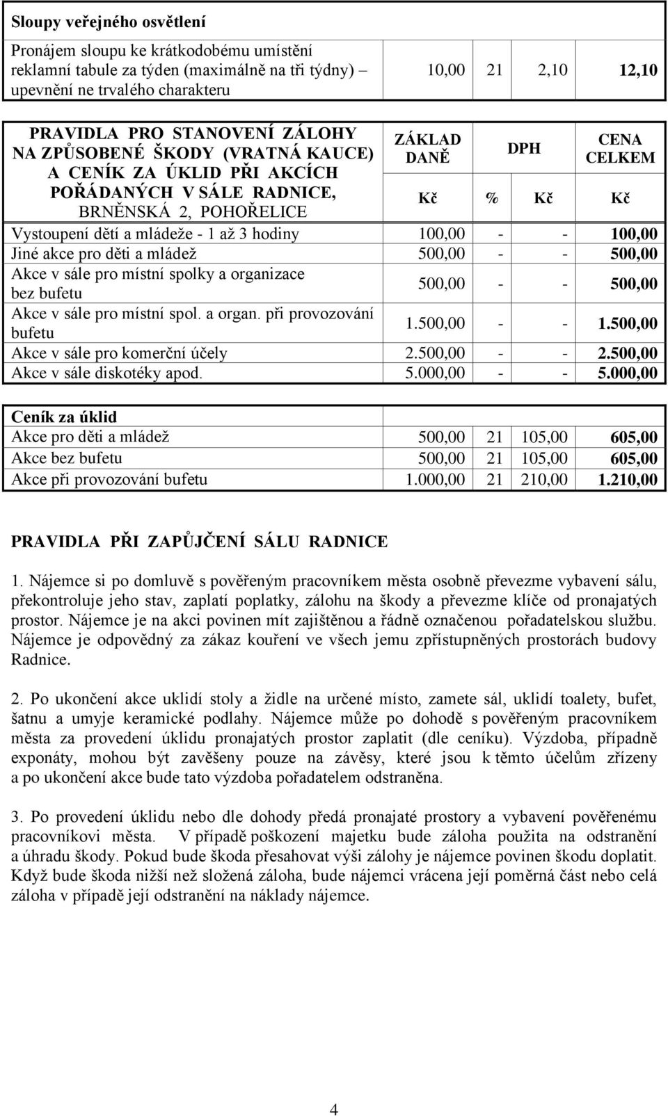 mládež 500,00 - - 500,00 Akce v sále pro místní spolky a organizace 500,00 - - 500,00 bez bufetu Akce v sále pro místní spol. a organ. při provozování bufetu 1.500,00 - - 1.