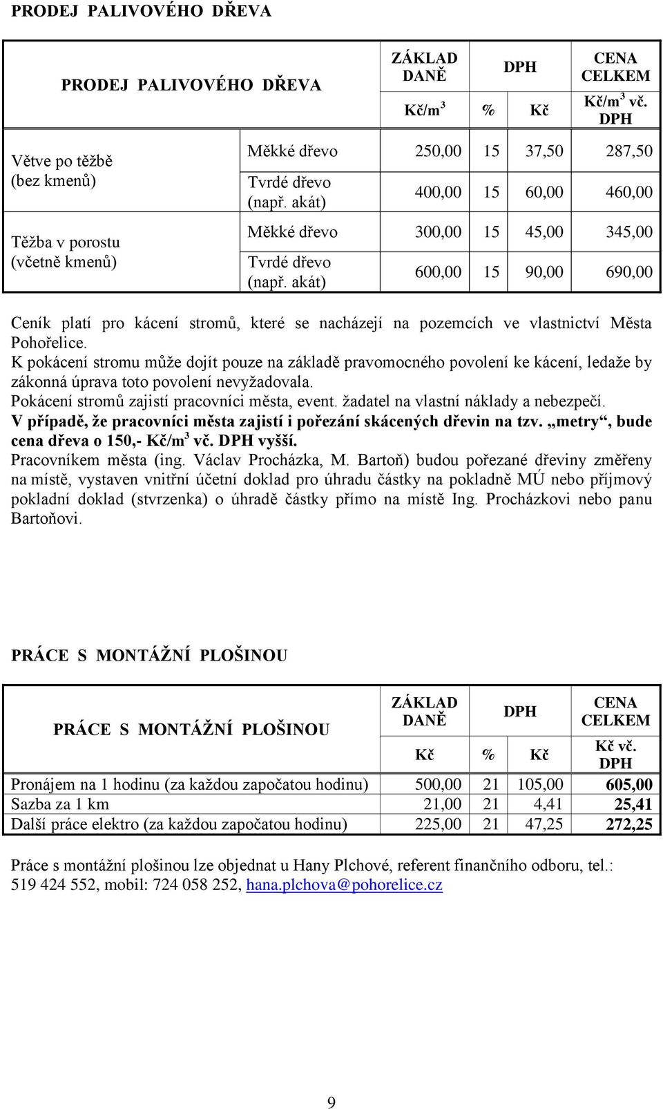 akát) 600,00 15 90,00 690,00 Ceník platí pro kácení stromů, které se nacházejí na pozemcích ve vlastnictví Města Pohořelice.