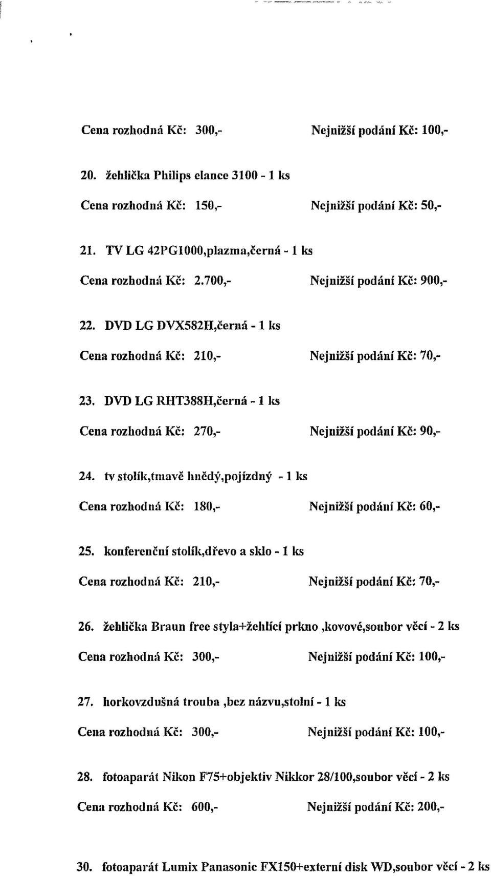 tv stolík,tmavě hnědý,pojízdný - 1 ks Cena rozhodná Kč: 180,- Nejnižší podání Kč: 60,- 25. konferenční stolík,dřevo a sklo - 1 ks Cena rozhodná Kč: 210,- Nejnižší podání Kč: 70,- 26.