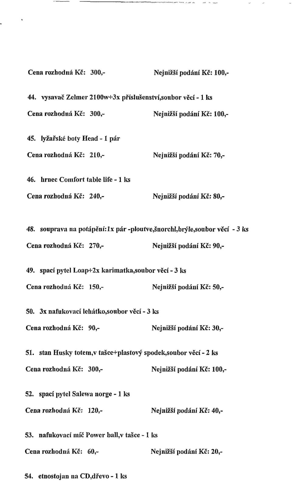 souprava na potápění: lx pár -ploutve,šnorchi,brýle,soubor věcí - 3 ks Cena rozhodná Kč: 270,- Nejnižší podání Kč: 90,- 49. spací pytel Loap+2x karimatka,soubor věcí - 3 ks 50.