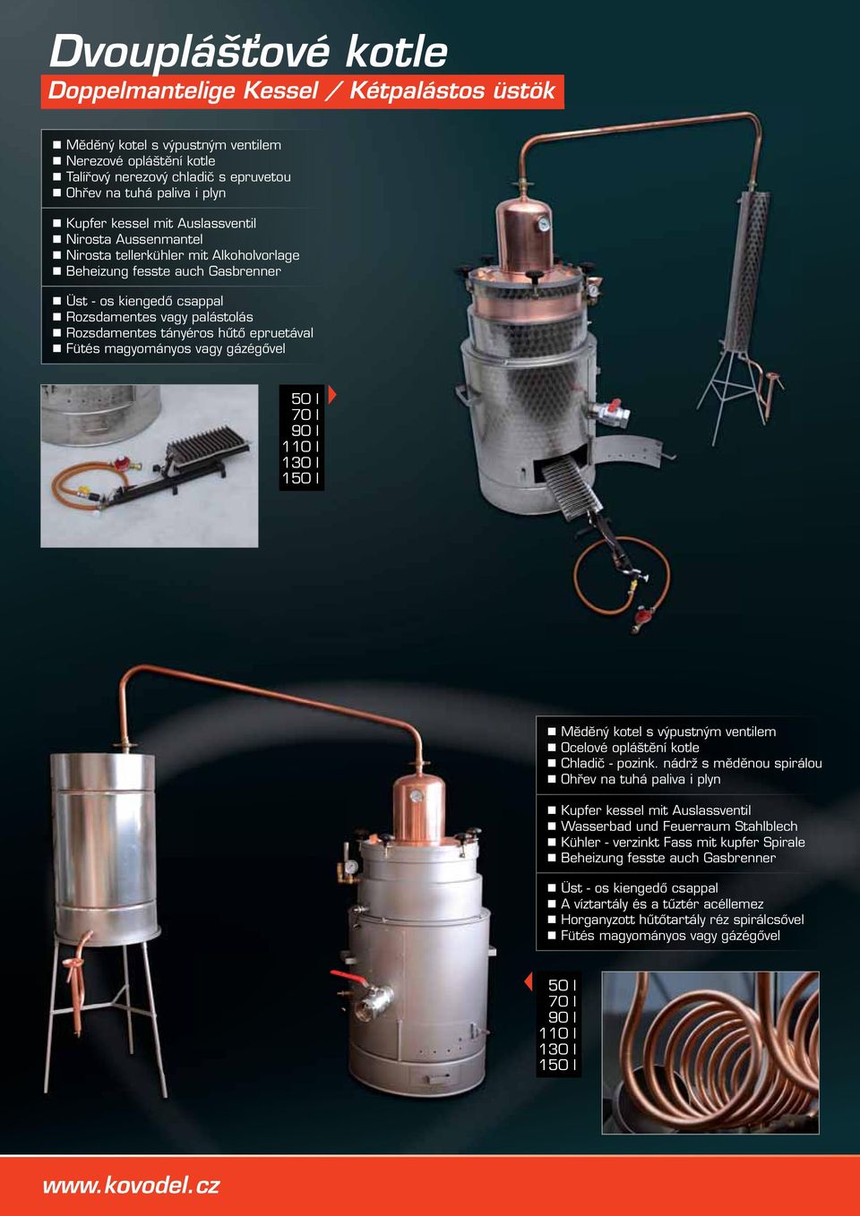 l Měděný kotel s výpustným ventilem Ocelové opláštění kotle Chladič pozink.