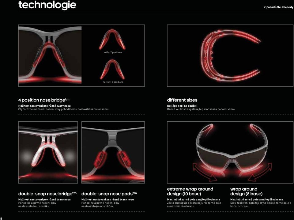 Double-Snap Nose Bridge Double-Snap Nose pads extreme wrap around design (10 base) wrap around design (8 base) Možnost nastavení pro různé tvary nosu Pohodlné a pevné nošení díky nastavitelnému