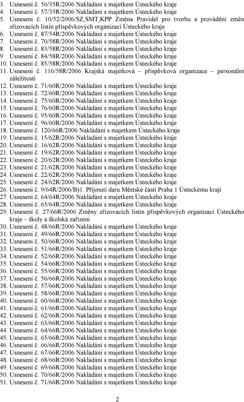 Usnesení č. 84/58R/2006 Nakládání s majetkem Ústeckého kraje 10. Usnesení č. 85/58R/2006 Nakládání s majetkem Ústeckého kraje 11. Usnesení č. 116/58R/2006 Krajská majetková příspěvková organizace personální záležitosti 12.