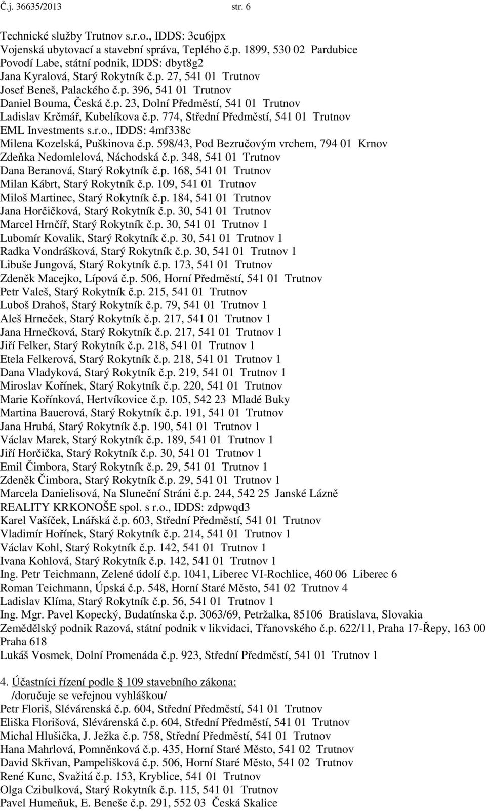 r.o., IDDS: 4mf338c Milena Kozelská, Puškinova č.p. 598/43, Pod Bezručovým vrchem, 794 01 Krnov Zdeňka Nedomlelová, Náchodská č.p. 348, 541 01 Trutnov Dana Beranová, Starý Rokytník č.p. 168, 541 01 Trutnov Milan Kábrt, Starý Rokytník č.