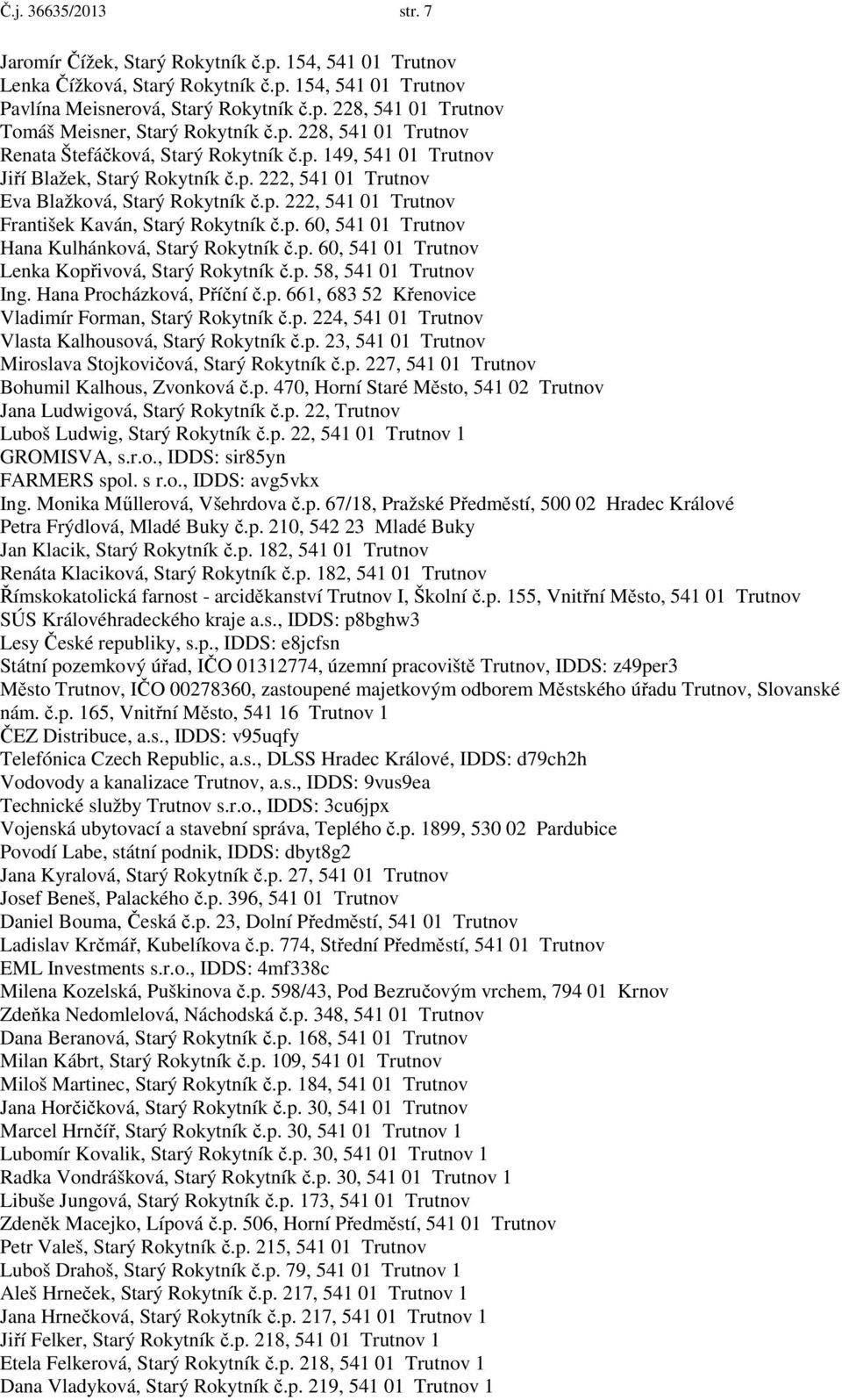 p. 60, 541 01 Trutnov Hana Kulhánková, Starý Rokytník č.p. 60, 541 01 Trutnov Lenka Kopřivová, Starý Rokytník č.p. 58, 541 01 Trutnov Ing. Hana Procházková, Příční č.p. 661, 683 52 Křenovice Vladimír Forman, Starý Rokytník č.