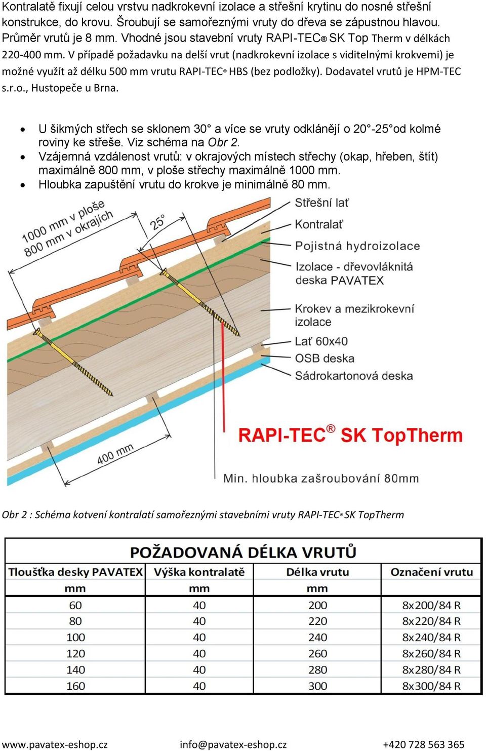 V případě požadavku na delší vrut (nadkrokevní izolace s viditelnými krokvemi) je možné využít až délku 500 mm vrutu RAPI-TEC HBS (bez podložky). Dodavatel vrutů je HPM-TEC s.r.o., Hustopeče u Brna.