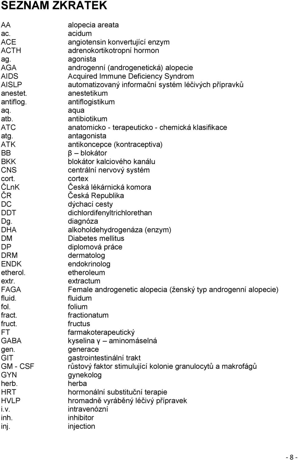 alopecia areata acidum angiotensin konvertující enzym adrenokortikotropní hormon agonista androgenní (androgenetická) alopecie Acquired Immune Deficiency Syndrom automatizovaný informační systém