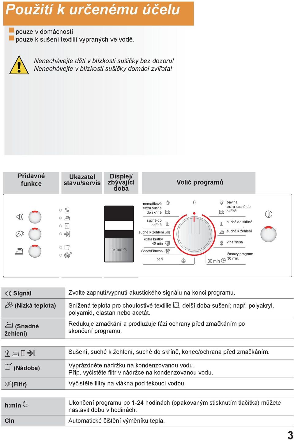 do skříně suché do skříně suché k žehlení vlna finish časový program 30 min. Signál (Nízká teplota) (Snadné žehlení) Zvolte zapnutí/vypnutí akustického signálu na konci programu.