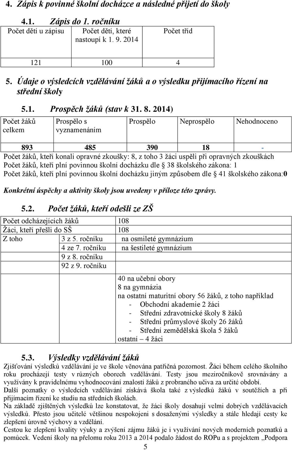 2014) Prospělo s vyznamenáním Prospělo Neprospělo Nehodnoceno 893 485 390 18 - Počet žáků, kteří konali opravné zkoušky: 8, z toho 3 žáci uspěli při opravných zkouškách Počet žáků, kteří plní