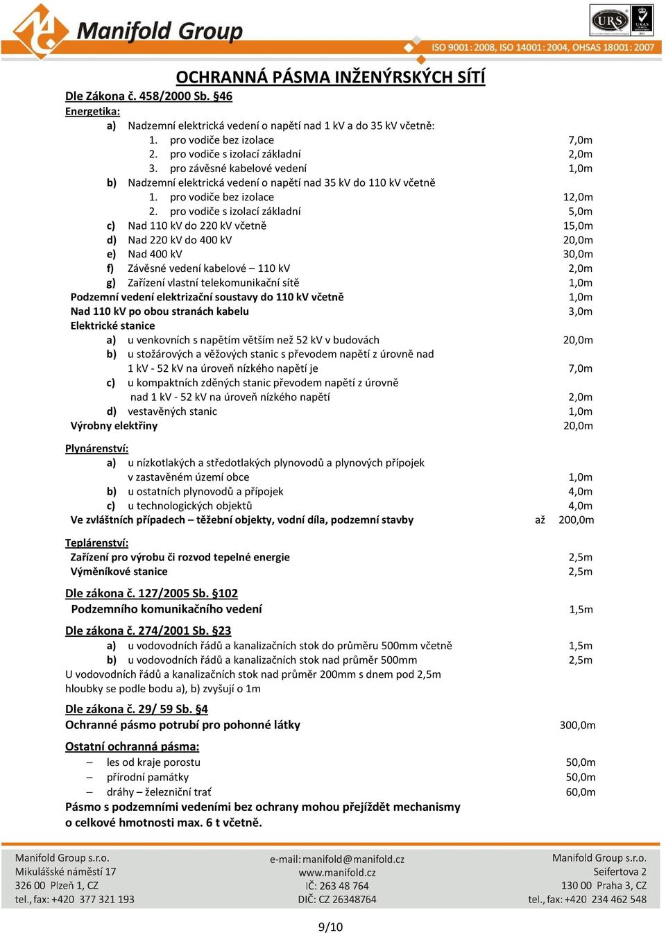 pro vodiče s izolací základní 5,0m c) Nad 110 kv do 220 kv včetně 15,0m d) Nad 220 kv do 400 kv 20,0m e) Nad 400 kv 30,0m f) Závěsné vedení kabelové 110 kv 2,0m g) Zařízení vlastní telekomunikační