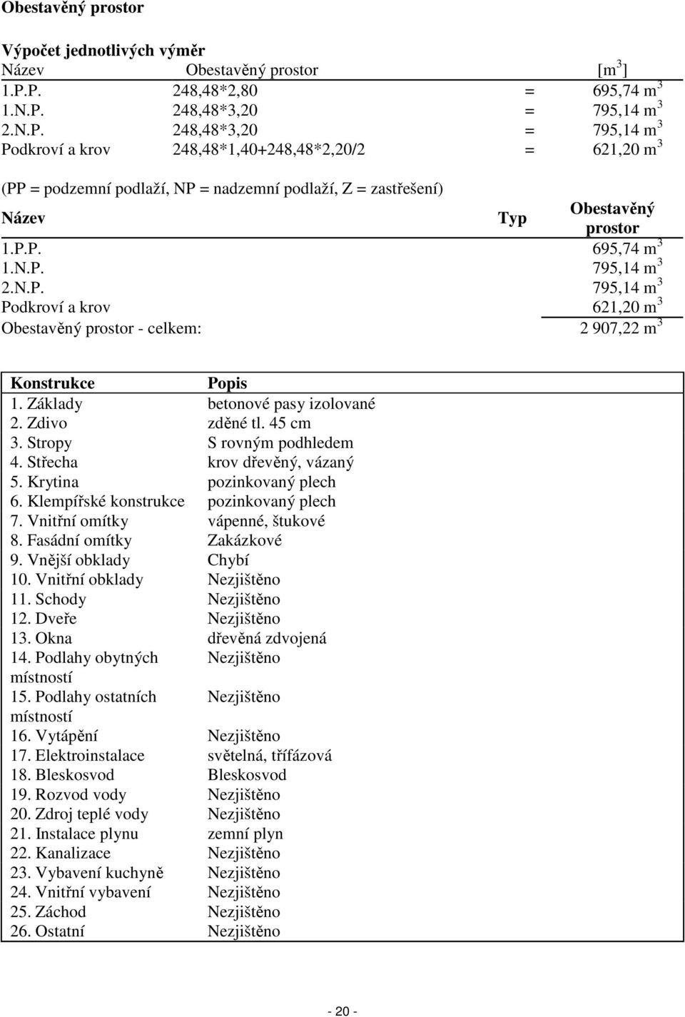 P.P. 695,74 m 3 1.N.P. 795,14 m 3 2.N.P. 795,14 m 3 Podkroví a krov 621,20 m 3 Obestavěný prostor - celkem: 2 907,22 m 3 Konstrukce Popis 1. Základy betonové pasy izolované 2. Zdivo zděné tl. 45 cm 3.