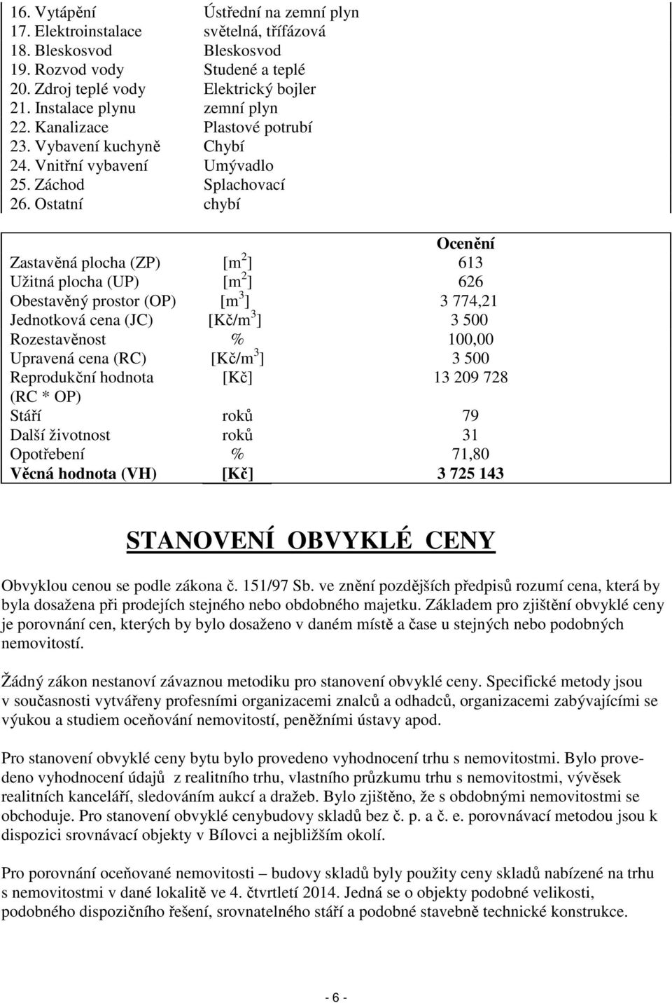 Ostatní chybí Ocenění Zastavěná plocha (ZP) [m 2 ] 613 Užitná plocha (UP) [m 2 ] 626 Obestavěný prostor (OP) [m 3 ] 3 774,21 Jednotková cena (JC) [Kč/m 3 ] 3 500 Rozestavěnost % 100,00 Upravená cena