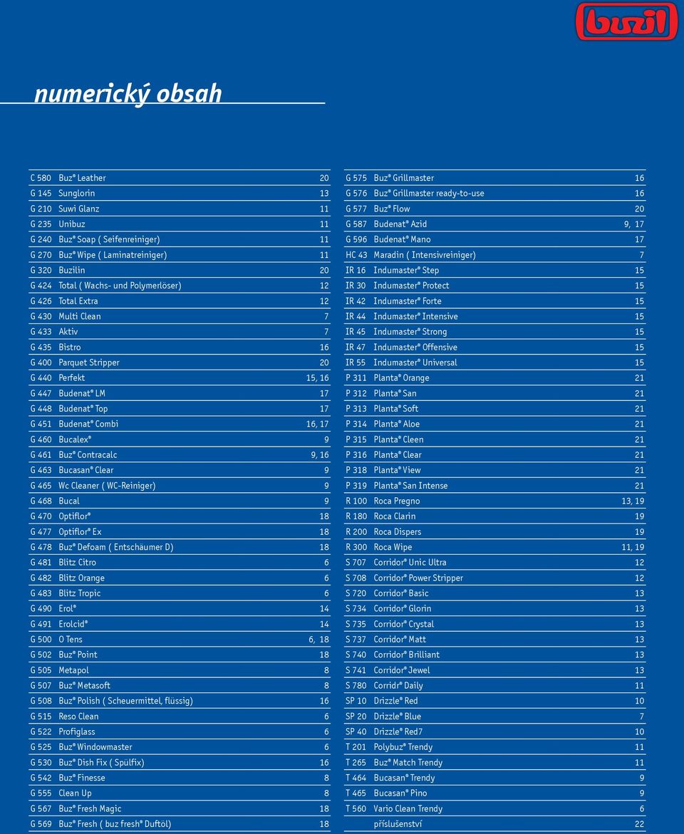 G 400 Parquet Stripper 20 G 440 Perfekt 15, 16 G 447 Budenat LM 17 G 448 Budenat Top 17 G 451 Budenat Combi 16, 17 G 460 Bucalex 9 G 461 Buz Contracalc 9, 16 G 463 Bucasan Clear 9 G 465 Wc Cleaner