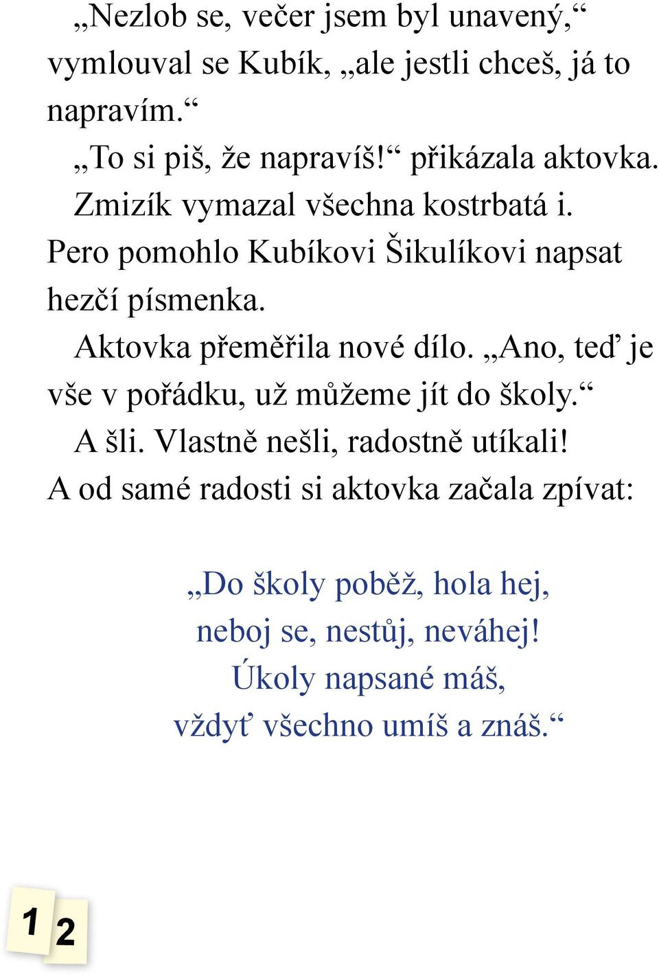 Aktovka přeměřila nové dílo. Ano, teď je vše v pořádku, už můžeme jít do školy. A šli. Vlastně nešli, radostně utíkali!