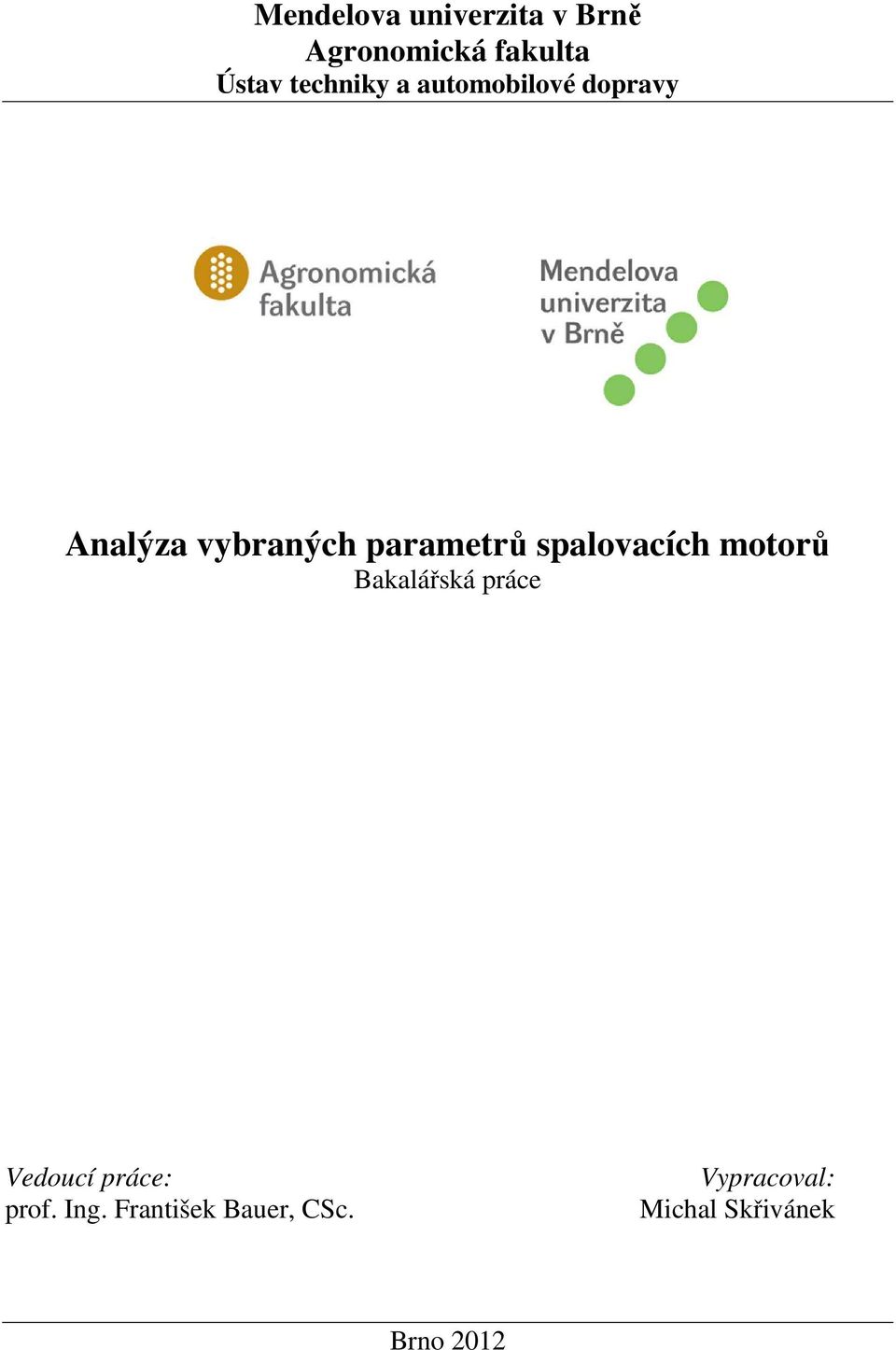 parametrů spalovacích motorů Bakalářská práce Vedoucí