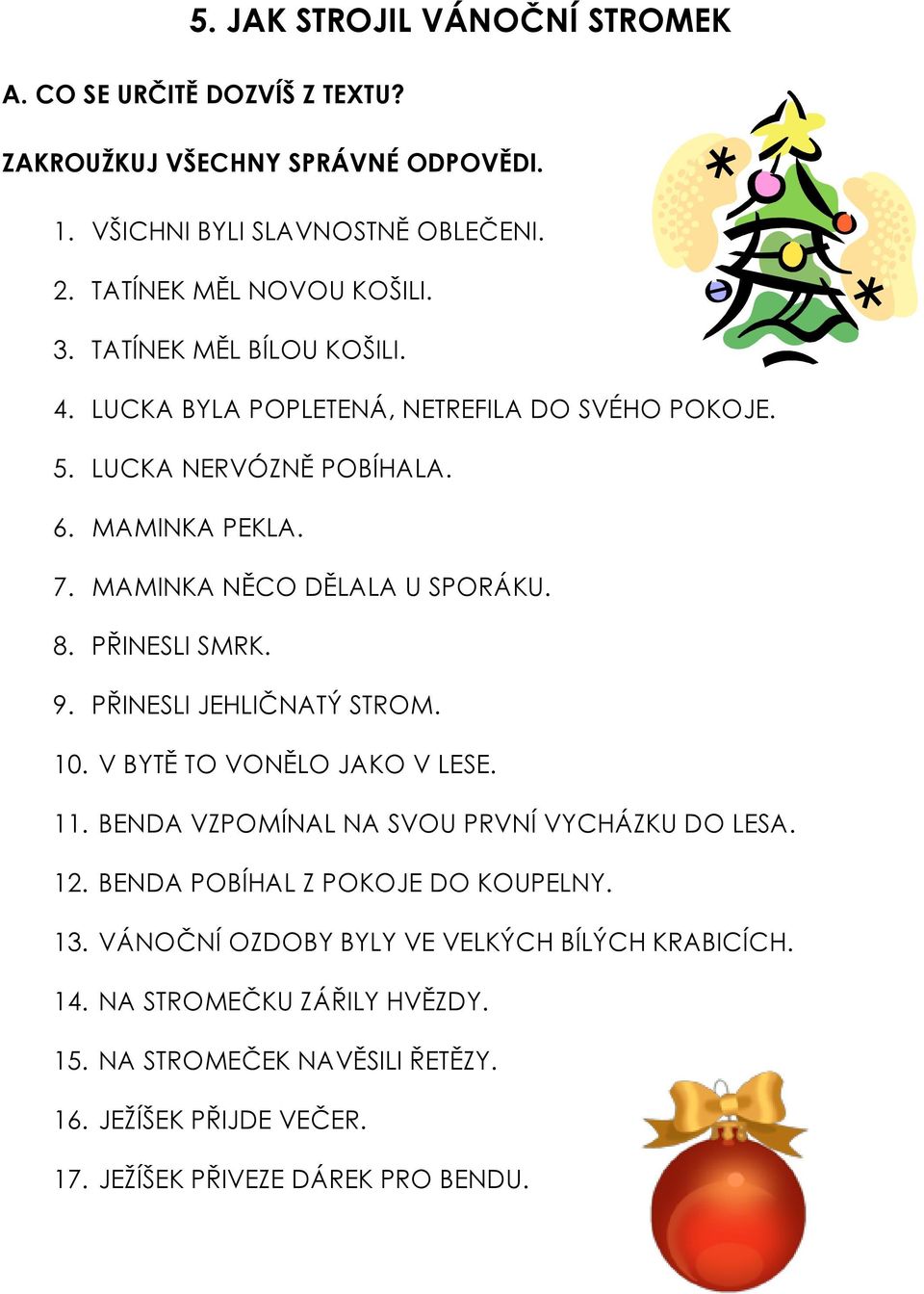 PŘINESLI SMRK. 9. PŘINESLI JEHLIČNATÝ STROM. 10. V BYTĚ TO VONĚLO JAKO V LESE. 11. BENDA VZPOMÍNAL NA SVOU PRVNÍ VYCHÁZKU DO LESA. 12. BENDA POBÍHAL Z POKOJE DO KOUPELNY.