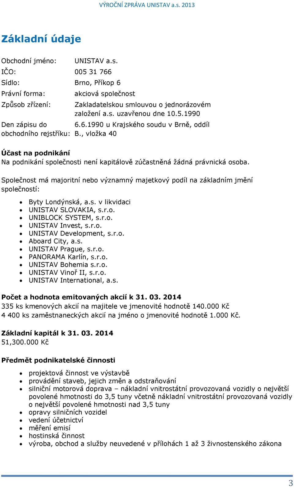 6.1990 u Krajského soudu v Brně, oddíl B., vložka 40 Účast na podnikání Na podnikání společnosti není kapitálově zúčastněná žádná právnická osoba.