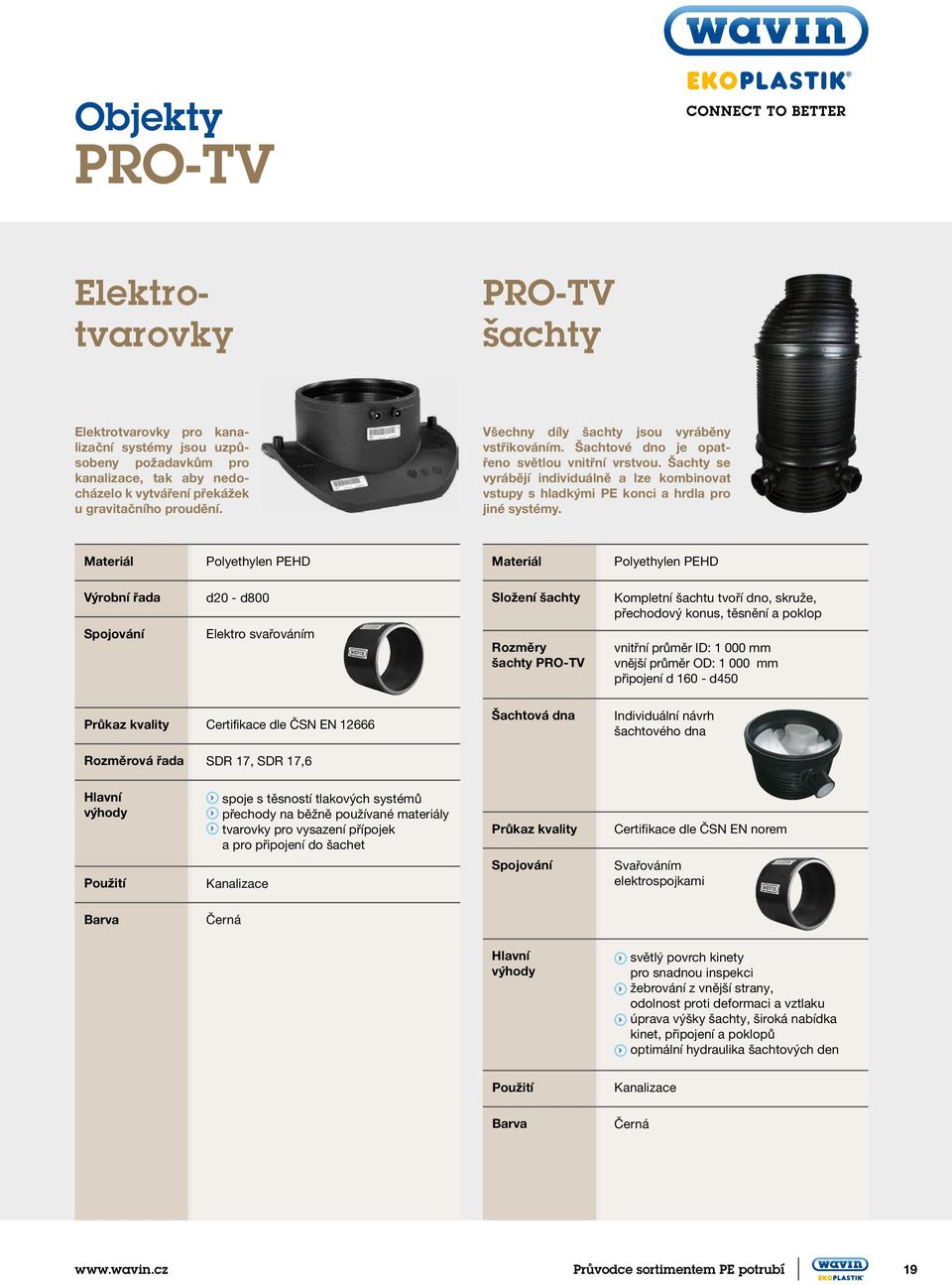 Materiál Polyethylen PEHD Materiál Polyethylen PEHD Výrobní řada Spojování d20 - d800 Elektro svařováním Složení šachty Rozměry šachty PRO-TV Kompletní šachtu tvoří dno, skruže, přechodový konus,