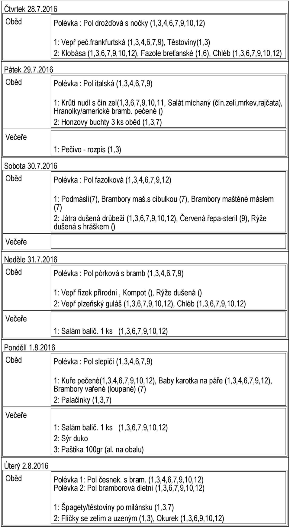 zelí,mrkev,rajčata), Hranolky/americké bramb. pečené () 2: Honzovy buchty 3 ks oběd (1,3,7) 1: Pečivo - rozpis (1,3) Sobota 30.7.2016 Oběd Polévka : Pol fazolková (1,3,4,6,7,9,12) Neděle 31.7.2016 1: Podmáslí(7), Brambory maš.