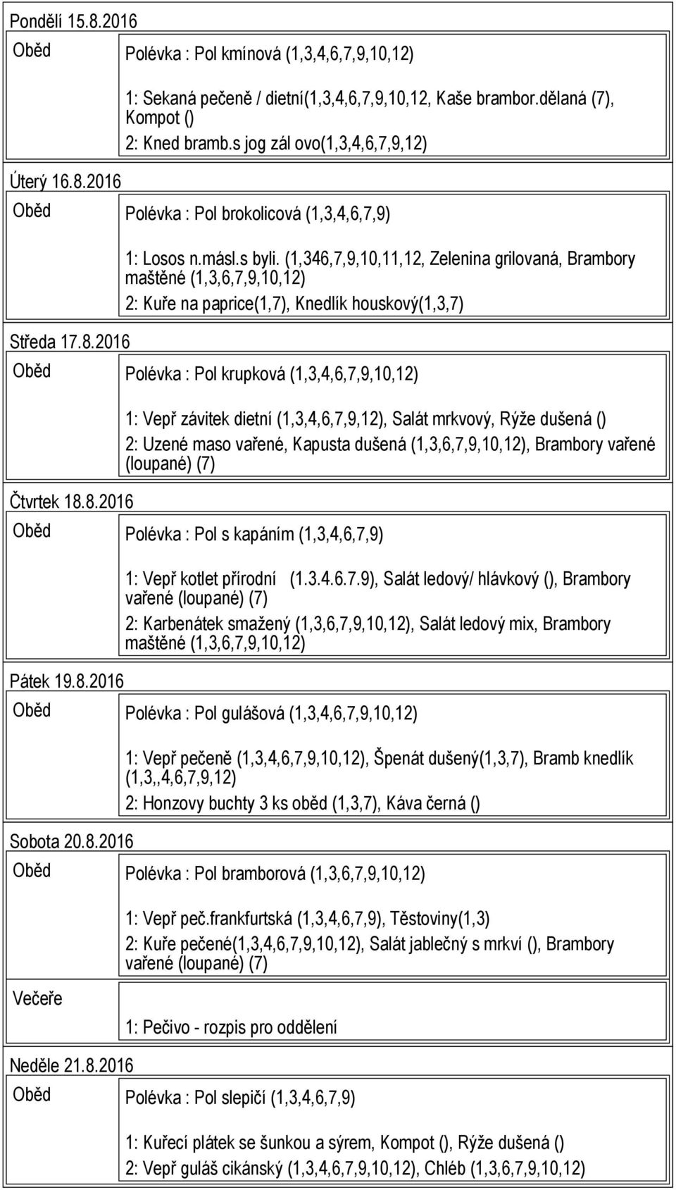 (1,346,7,9,10,11,12, Zelenina grilovaná, Brambory maštěné 2: Kuře na paprice(1,7), Knedlík houskový(1,3,7) Oběd Polévka : Pol krupková (1,3,4,6,7,9,10,12) Čtvrtek 18.