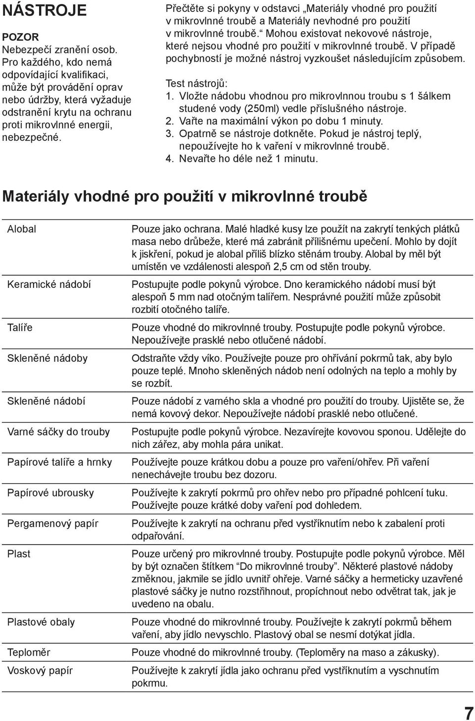 Přečtěte si pokyny v odstavci Materiály vhodné pro použití v mikrovlnné troubě a Materiály nevhodné pro použití v mikrovlnné troubě.