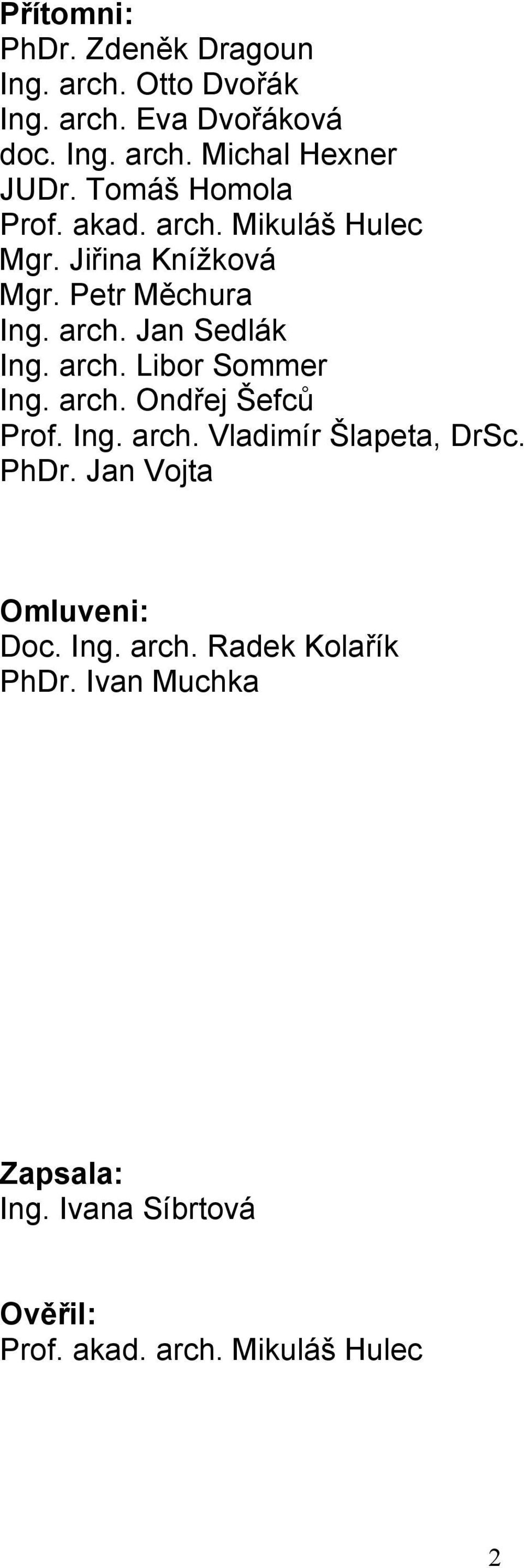 arch. Libor Sommer Ing. arch. Ondřej Šefců Prof. Ing. arch. Vladimír Šlapeta, DrSc. PhDr. Jan Vojta Omluveni: Doc.