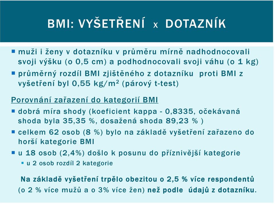 očekávaná shoda byla 35,35 %, dosažená shoda 89,23 % ) celkem 62 osob (8 %) bylo na základě vyšetření zařazeno do horší kategorie BMI u 18 osob (2,4%) došlo k posunu