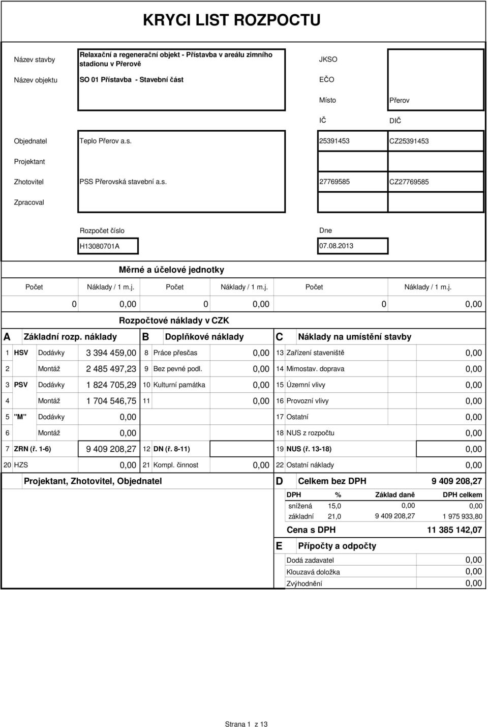 j. Počet Náklady / 1 m.j. Počet Náklady / 1 m.j. 0 0,00 0 0,00 0 0,00 Rozpočtové náklady v CZK A Základní rozp.