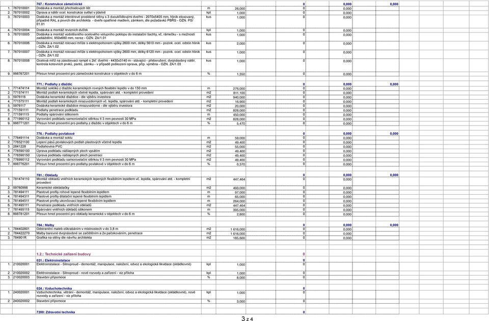 PBŘS - OZN. PS/, 1.1 4. 76714 Dodávka a montáž revizních dvířek kpl 1,, 5. 76715 Dodávka a montáž vodotěsného ocelového vstupního poklopu do instalační šachty, vč.