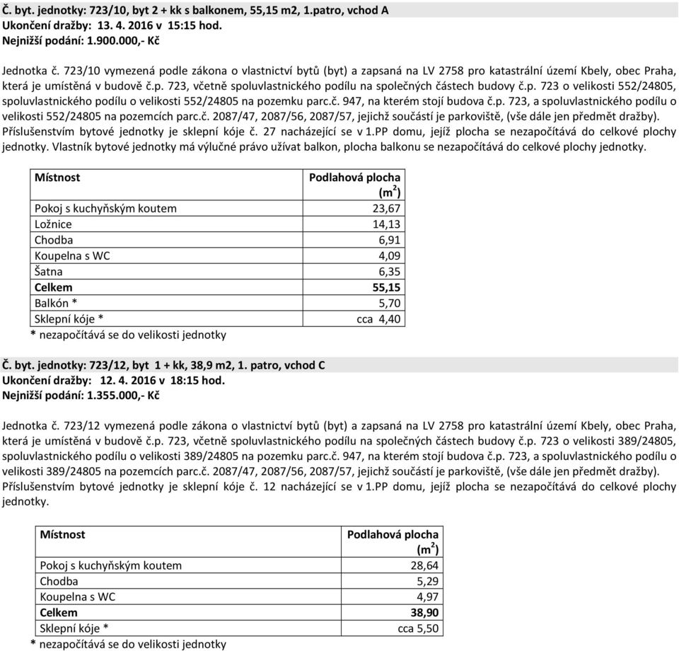 p. 723 o velikosti 552/24805, spoluvlastnického podílu o velikosti 552/24805 na pozemku parc.č. 947, na kterém stojí budova č.p. 723, a spoluvlastnického podílu o velikosti 552/24805 na pozemcích parc.