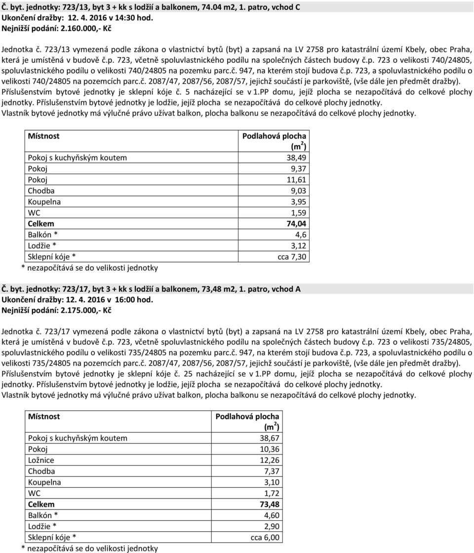 p. 723 o velikosti 740/24805, spoluvlastnického podílu o velikosti 740/24805 na pozemku parc.č. 947, na kterém stojí budova č.p. 723, a spoluvlastnického podílu o velikosti 740/24805 na pozemcích parc.