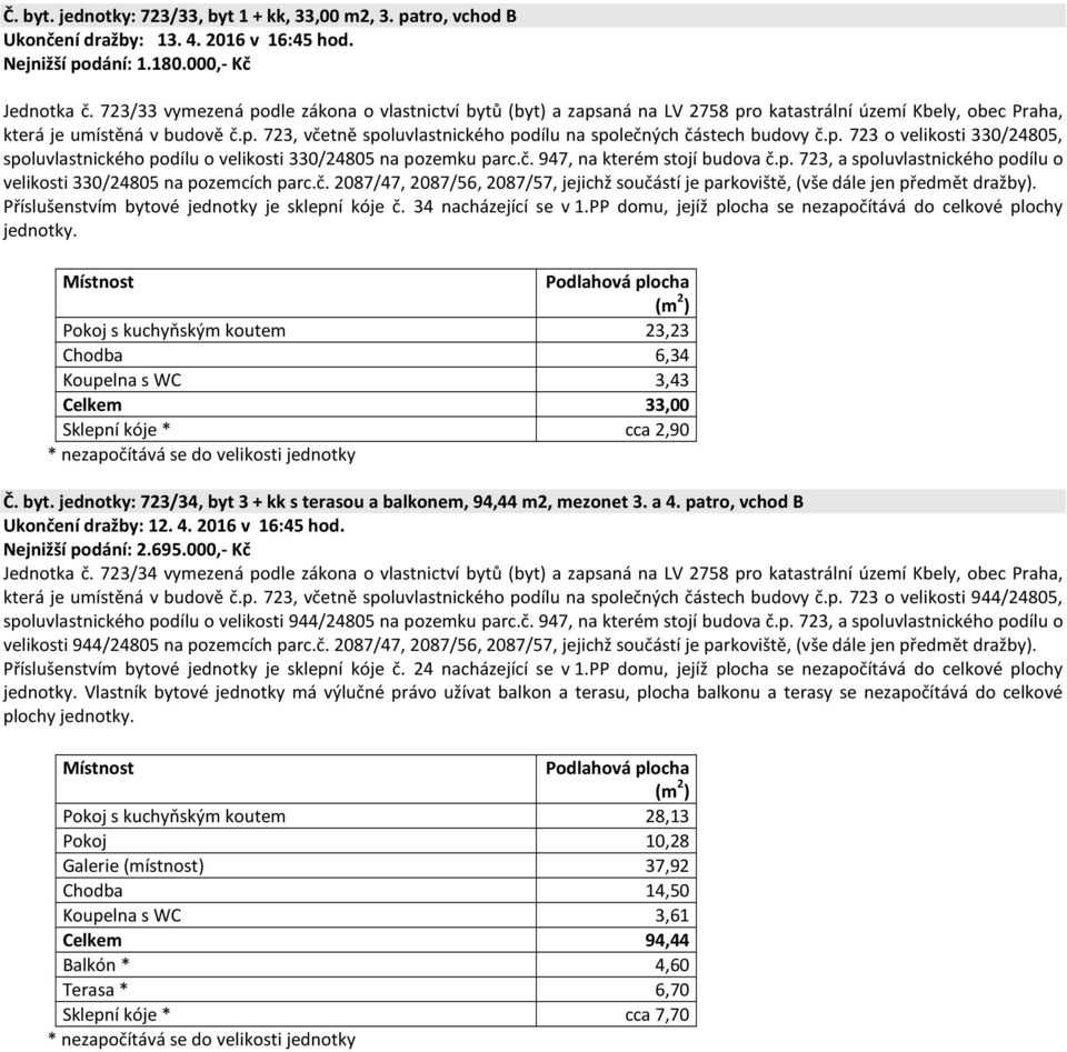 p. 723 o velikosti 330/24805, spoluvlastnického podílu o velikosti 330/24805 na pozemku parc.č. 947, na kterém stojí budova č.p. 723, a spoluvlastnického podílu o velikosti 330/24805 na pozemcích parc.