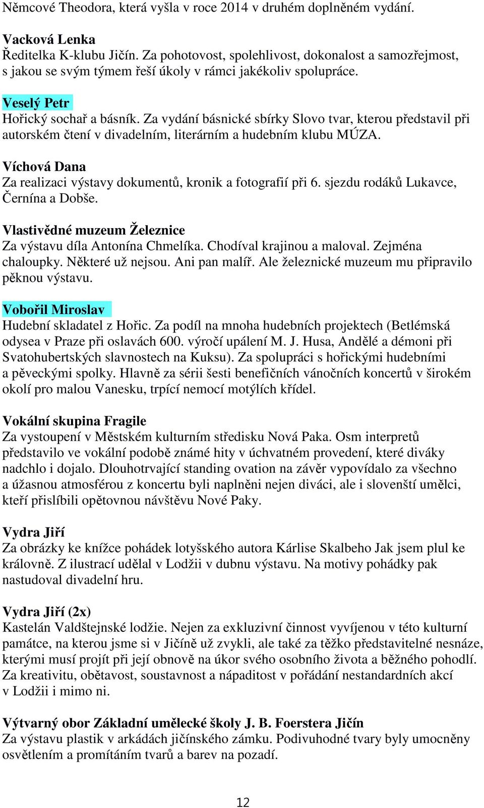 Za vydání básnické sbírky Slovo tvar, kterou představil při autorském čtení v divadelním, literárním a hudebním klubu MÚZA. Víchová Dana Za realizaci výstavy dokumentů, kronik a fotografií při 6.